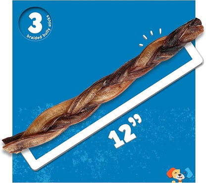 Jack&Pup 12" Braided Bully Sticks (3 Pack) Long Lasting Thick Bully Sticks for Large Dogs and Aggressive Chewers, Single Ingredient Dog Chews