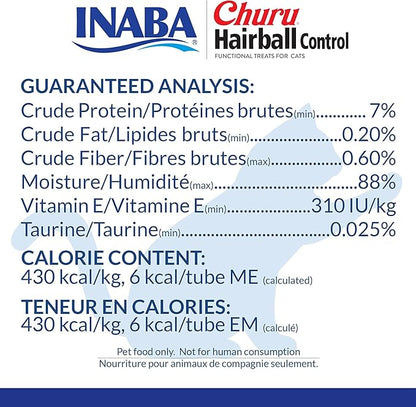 INABA Churu for Cats, Functional, Creamy Lickable Purée Cat Treat for Hairball Control with Taurine & Vitamin E, 0.5 Ounces Each, 48 Tubes (4 per Pack), Chicken Recipe