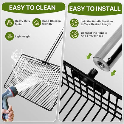 Chicken Poop Scooper with Long Handle- Coop Scoop with 24-68" Adjustable Stainless Handle, 4-in-1 Sifter Shovel for Poultry Waste Cleaning Accessories (Black)