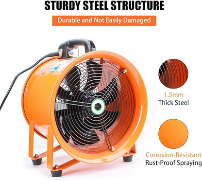 dreamdragon 8" High-Velocity Portable Utility Blower Fan, Industrial Exhaust Fan with 25ft Flexible Duct Hose, 3150 RPM Low-Noise Ventilator for Basements, Workshops, Warehouses, and Confined Spaces