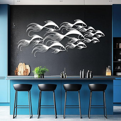 School of Fish Metal Wall Art, Metal Fish Wall Decor, Sea Life Wall Art, Large Nautical Wall Hanging, Modern Beach House Wall Decor, Ocean Themed Artwork for Bathroom (Silver, 41"x18" | 105x45cm)
