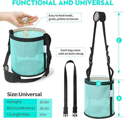 Horse Feed Bag 2 Pcs, Mesh Feed Bags for Horses, Muzzle Feedbag for Feeding Grain, Anti-Spill Design Feeder, Soft Neck Pad Nose Pad, Universal Fit (Mint, Pack of 2)