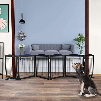 ZJSF Freestanding Dog Fence Indoor, Foldable Dog Gate for Doorways, Stairs or Hallways, Sturdy Wood Extra Wide Pet Gate with Support Feet for The House, Black, 24 "Height-6 Panels