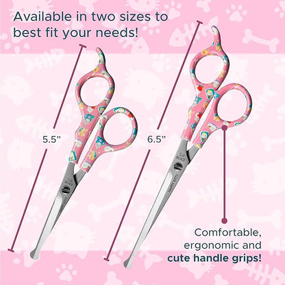 Kenchii Happy Kitty Ball Tip Shears Trimming Scissors for Cats | Pet Grooming Kitten Essentials | Stainless Steel Safety Blunt Tip Scissors | 5.5 In