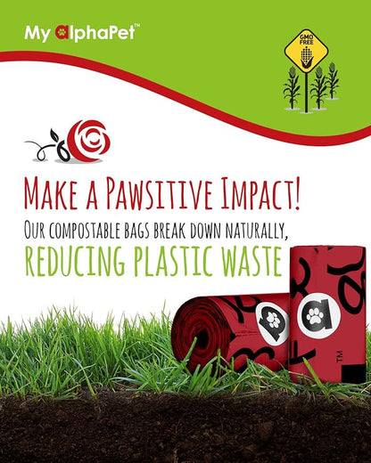 Compostable Dog Poop Bags, Cornstarch Eco-Friendly, HOME COMPOST NF T 51-800, 120 Count, Large Size Bag 9x13 Inches, 8 Unscented Refill Rolls, Leak-proof, Plantbased, GM-Free Corn (Red)