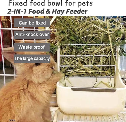 HERCOCCI Rabbit Hay Food Bin Feeder and Bunny Water Bottle Set, Hay Food Feeder Bowls Manger Rack with 500ml Hanging Water Dispenser Prevent Knock Over for Rabbit Guinea Pig Chinchilla (Large, White)