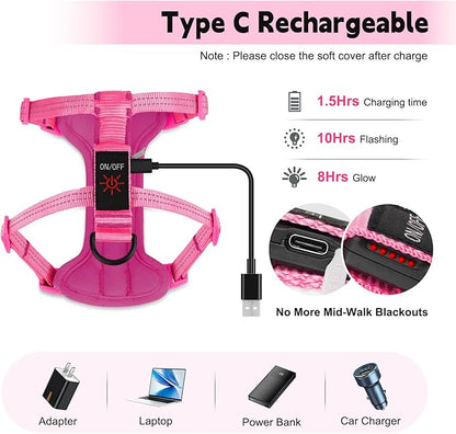 Rechargeable Light Up Dog Harness for Small Dogs – Adjustable LED Dog Vest with Reflective Strips, No Pull Glow in The Dark Puppy Harness for Night Walking Safety-Pink