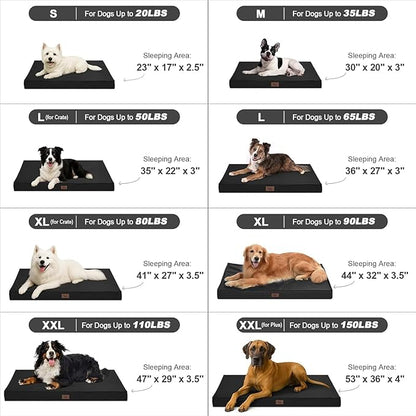 Outdoor Extra Large Dog Crate Bed, Big Waterproof Dog Bed for Large Dogs, Orthopedic Egg Foam Pet Bed Mat with Removable Cooling Cover, Black