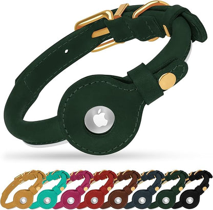 OOPSDOGGY Rolled Leather Dog Collar with Airtag Holder - Reflective Round Airtag Dog Collar - Soft Tracking Pet Collar for Small Dogs Puppy Cats Kitten (Green, L, 14"-18")
