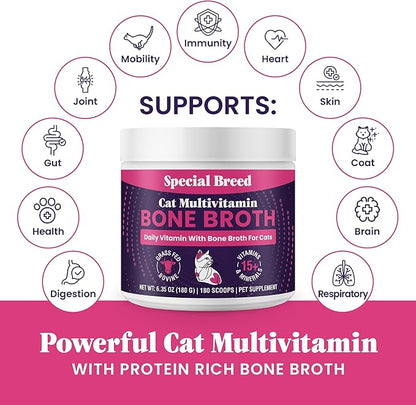 Cat Multivitamin with Grass-Fed Beef Bone Broth – Daily Supplement for Immune, Joint, Skin, Coat & Gut Health – Omega 3s, Lysine, Beta Glucan, Vitamins A-E, C, D – 180 Day Supply – No Fillers