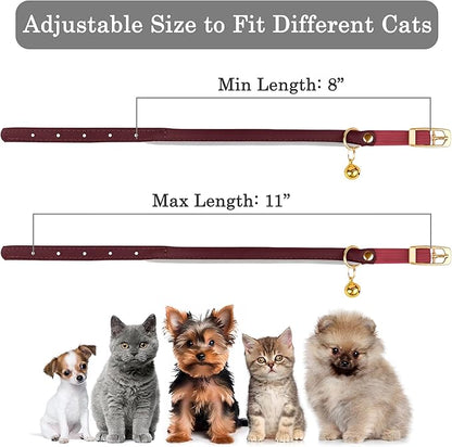 OOPSDOGGY Rolled Leather Cat Collar with Bell - Reflective Kitten Collar with Safety Elastic Strap - Adjustable Small Pet Collars for Boy Girl Cats (Burgundy)