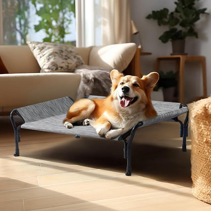 Veehoo Cooling Elevated Dog Bed, Raised Pet Cot with Guardrail & Slope Headrest, Durable Breathable Teslin Mesh, Non-Slip Feet, Washable Dog Couch Bed for Indoor & Outdoor, 39.5" x 28", Black Silver