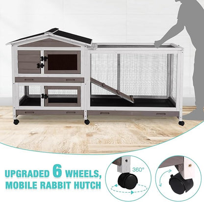 62" Rabbit Hutch with Chew-Proof Ramp & Waterproof Roof - Indoor/Outdoor Bunny Cage, 2-Story Design, 6 Lockable Caster Wheels & Dual Pull-Out Trays (Brown)