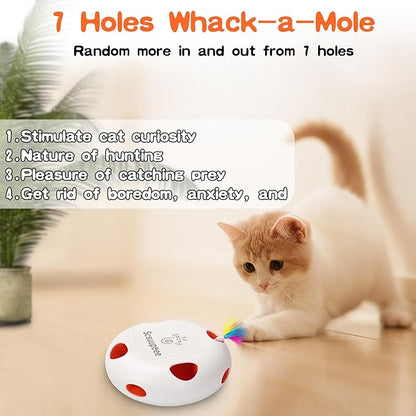 Interactive Cat Toy, Electric Cat Toys for Moving Concealed Feathers, Smart Sensor 7 Holes Whack a Mole Feather Toy, USB Charge Automatic Kitten Toys,White