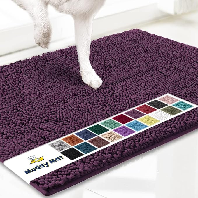 Muddy Mat® AS-SEEN-ON-TV Highly Absorbent Microfiber Door Mat and Pet Rug, Non Slip Thick Washable Area and Bath Mat Soft Chenille for Kitchen Bedroom Indoor and Outdoor - Dark Purple 24" x 120"