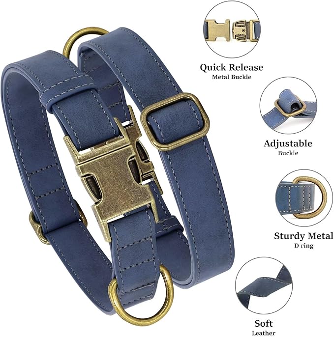 Didog Soft PU Leather Dog Collar, Stylish Quick Released Dog Collar for Large Dogs, Easy Clean Adjustable Pet Collar for Daily Walking, Blue, L Fit 15-23" Neck