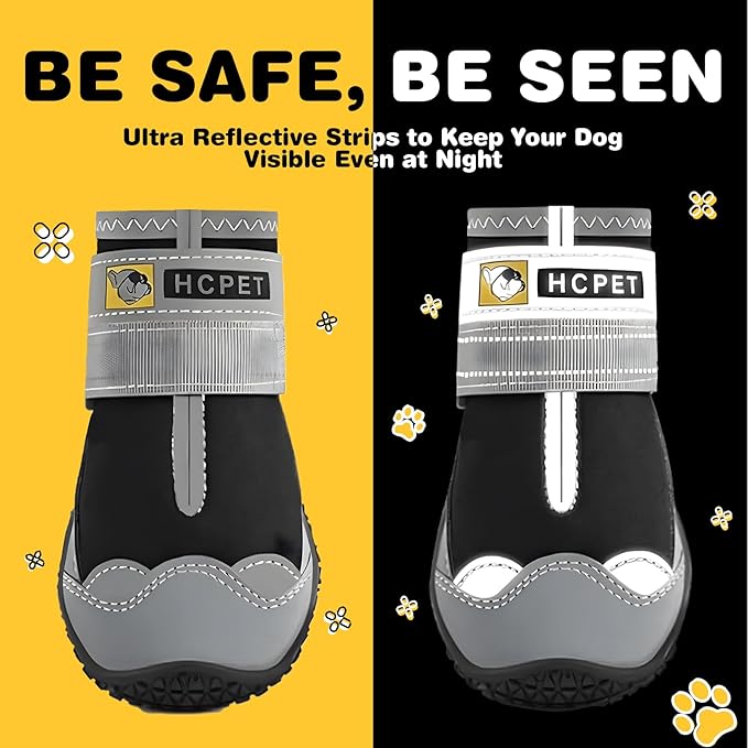 Hcpet Dog Shoes for Large Dogs, Waterproof Dog Booties for Small Medium Dogs, Anti-Slip Dog Boots & Paw Protectors for Hot Pavement Winter Snow Hiking with Reflective Straps Black Size 5