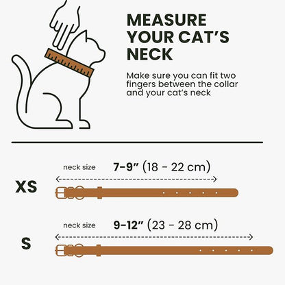 BRONZEDOG Leather Cat Collar with Removable Bells Non Breakaway Kitten QR Tag for Girl Boy (7" - 9" for Cats, Light Brown & Gold)