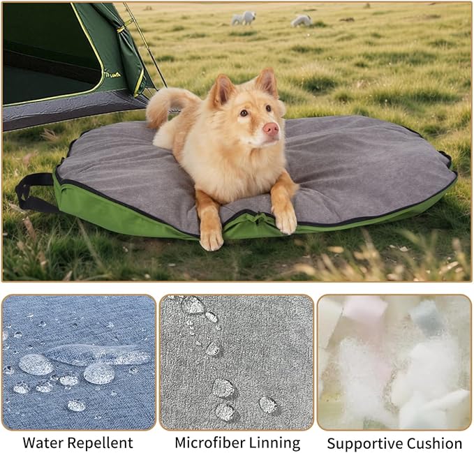 Portable Waterproof Dog Mat for Camping, Patio & Travel - Foldable Outdoor Dog Bed with Teflon Shell & Removable Plush Pad - Easy Clean, Durable - S (Denime Blue)