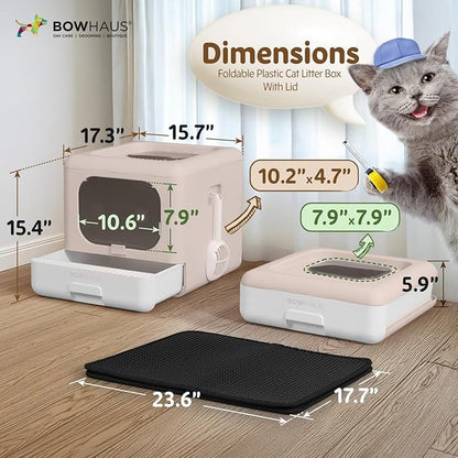 Foldable Cat Litter Box w/Lid, Scoop & Mat, Drawer Design Cat Toilet for Kitten, Two-Way Entry Kitty Litter Box, Odor Control & Easy to Clean, Beige/Pink