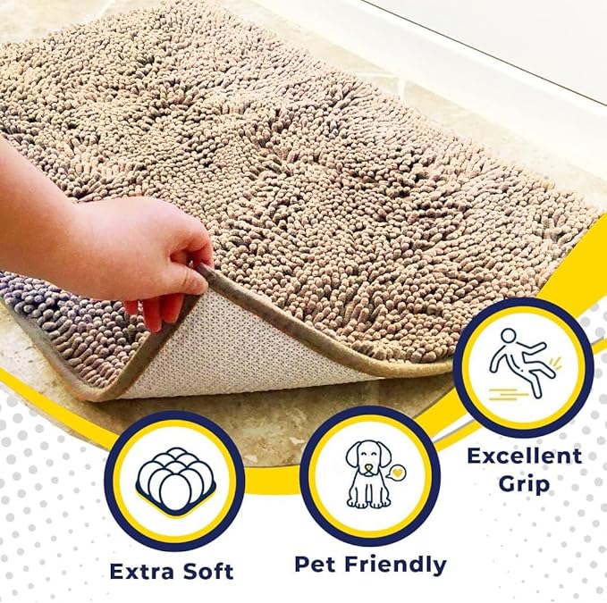 Muddy Mat® AS-SEEN-ON-TV Highly Absorbent Microfiber Door Mat and Pet Rug, Non Slip Thick Washable Area and Bath Mat Soft Chenille for Kitchen Bathroom Bedroom Indoor and Outdoor - Beige 5ft x 7ft