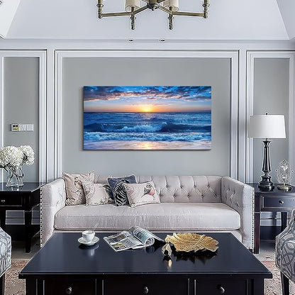 Lapremoly Framed Canvas Wall Art - Large Blue Ocean Beach Wall Painting for Living Room, Bedroom & Office - 24" x 48"