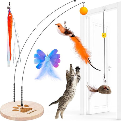 JXFUKAL Automatic Cat Wand Toy – Wooden Base, 2 Teasers & 5 Feather Spring Refills
