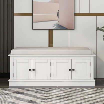Storage Bench with 4 Doors and Adjustable Shelves, Shoe Bench with Removable Cushion for Living Room, Entryway 42.7" L x 16" W x 17.4" H (White)