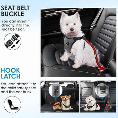 Lukovee Dog Seatbelt Leash for Cars, 2 Pack Pet Safety Seat Belt with Adjustable Buckle & Reflective Bungee, Connect Dog Harness in Vehicle Dogs Restraint Travel Daily Use (Red)