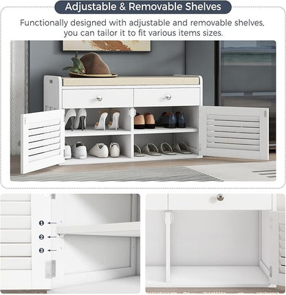 Shoe Storage Bench with 2 Drawers & 2 Doors, Entryway Bench with Cushion, 2 Adjustable Shelves, Shoe Cabinet for Entryway, Living Room, Hallway, Mudroom, Bedroom, White