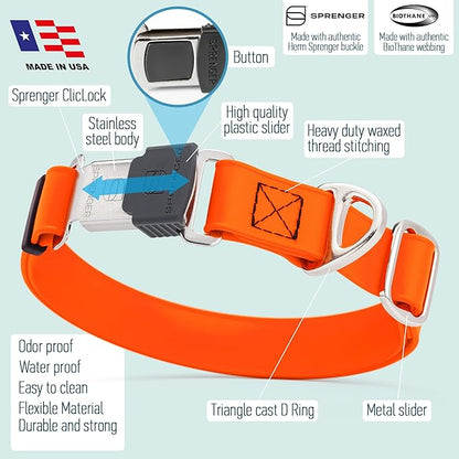 Dogline Biothane Waterproof Dog Collar with Herm Sprenger Black Stainless Steel Quick Release Buckle – Heavy Duty Tactical Durable Collar for Dogs – Comfortable and Safe Pet Collar, W 3/4" L 12-19"