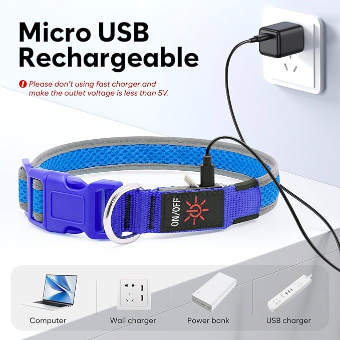 Flashseen LED Dog Collar, Light Up Dog Collar USB Rechargeable, Brightest Dog Lights for Night Walking, Adjustable Dog Collar Light for Dog Safety(Medium, Royal Blue)