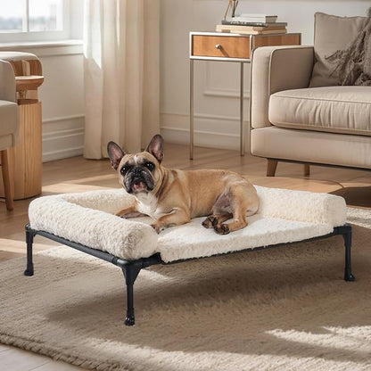 Veehoo Cooling Elevated Dog Bed Add Removable Deluxe Rose Plush Bolster Cushion Mat, 35" x 22" Washable Dog Couch Bed, Raised Pet Cot with Breathable Teslin Mesh, No-Slip Feet, White, CWC2439B