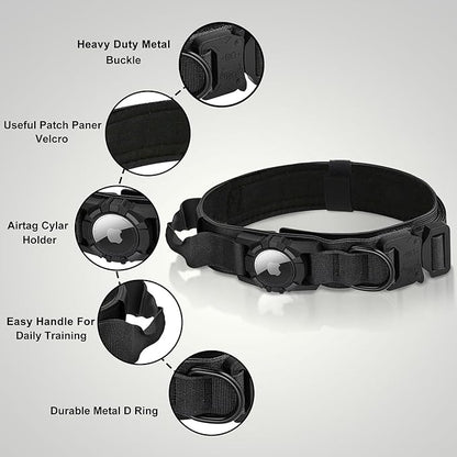 Tactical AirTag Dog Collar Leash Set - Heavy Duty, Adjustable GPS Collar Compatible with Apple AirTag, with Holder & Control Handle for Medium/Large Dogs [ Black, L ]