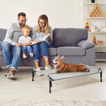 Veehoo Outdoor Elevated Dog Bed, Raised Dog Cot for Small Medium Dogs, Cooling Washable Waterproof Pet Hammock Beds with Slope Headrest, Breathable Mesh and Sturdy Frame, M, Grey, CWC2204