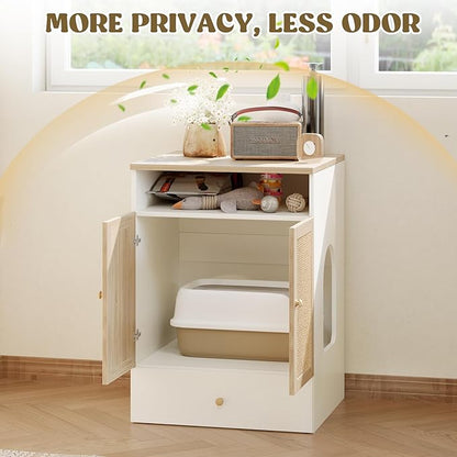 Cat Litter Box Enclosure Furniture Hidden - Indoor 3-in-1 Wooden Cat House & Washroom Cabinet with Scratching Board Doors, Shelf and Feeder Bowls, 23.6”x17.7”x32.7”H