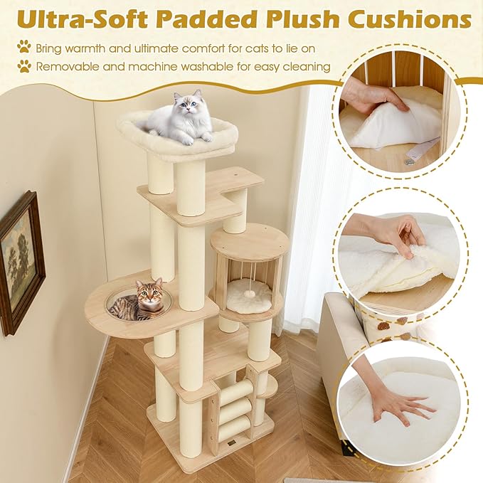 Tangkula 71” Tall Cat Tree, Multi-Layer Wood Cat Tower with Scratching Posts, Perch, Condo, Space Capsule, Ladder, Dangling Ball, Washable Cushions, Modern Cat Tree Tower for Indoor Cats Large Adult