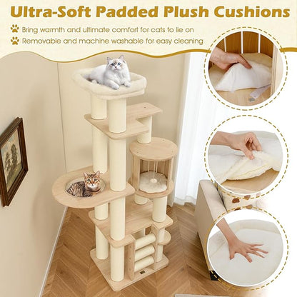 Tangkula 71” Tall Cat Tree, Multi-Layer Wood Cat Tower with Scratching Posts, Perch, Condo, Space Capsule, Ladder, Dangling Ball, Washable Cushions, Modern Cat Tree Tower for Indoor Cats Large Adult