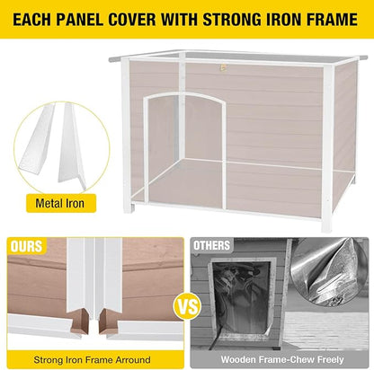 Dog House Outdoor & Indoor Wooden Dog Kennel for Winter with Raised Feet Weatherproof for Small & Medium & Large Dogs,Unique All-Around Iron Frame，Light Brown