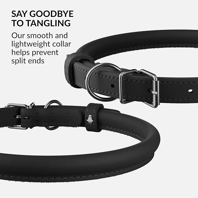 CollarDirect Rolled Leather Dog Collar, Soft Padded Round Puppy Collar, Handmade Genuine Leather Collar Dog Small Large Cat Collars 13 Colors (8-11 Inch, Black Smooth)