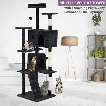 70" Dark Gray XL Cat Tower for Indoor Cats – Multi-Level Condo with Scratching Posts & Hanging Toys