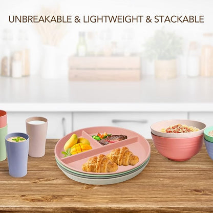 greenandlife 10 Inch 4PCS Unbreakable Portion Control Plates, Divided Plates for Kids Adults, Dishwasher & Microwave Safe Compartment Plate, Lightweight Reusable Wheat Straw Plate, BPA Free