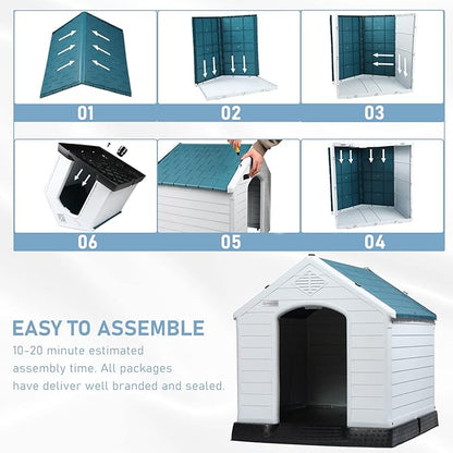 LEMBERI Durable Waterproof Plastic Dog House for Small to Large Sized Dogs, Indoor Outdoor Doghouse Insulated Puppy Shelter with Elevated Floor, Easy to Assemble (Blue, 34''L*31''W*32''H)