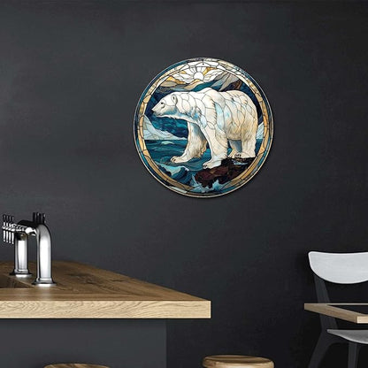 Lygond Metal Tin Sign - Circular Stained Glass Polar Bear Garage Sign For Home Decor - 8x8 Inches