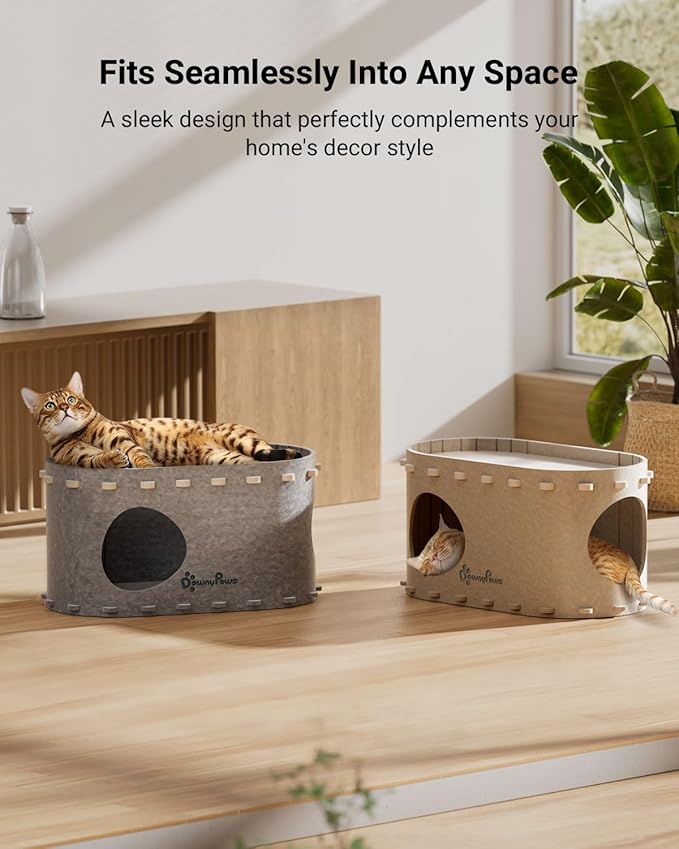 DownyPaws Cat House for Indoor Cats, Cat Bed Cave for Multiple & Large Cats Up to 22 Lbs, Scratch Resistant, Foldable Peekaboo Kitten Caves Tunnel Enclosed Bed, PeekaPurr, Light Gray