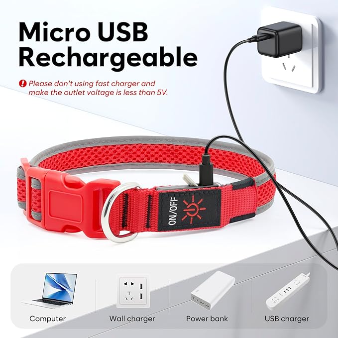 LED Dog Collar, Light Up Dog Collar USB Rechargeable, Brightest Dog Lights for Night Walking, Adjustable Dog Collar Light for Dog Safety(Large, Ruby Red)