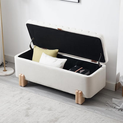 Kmax 45" Storage Bench Linen Entryway Bench Upholstered Ottoman Bench with Wavy Top & Safty Hinge for Bedroom Living Room Hallway, Beige