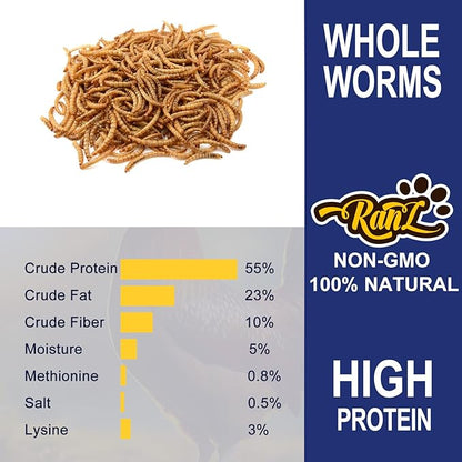 RANZ 2LBS Non-GMO Dried Mealworms for Chickens, High Protein Meal Worms, Premium Chicken Feed, Whole Large Mealworms for Blue Birds, Ducks, Fish
