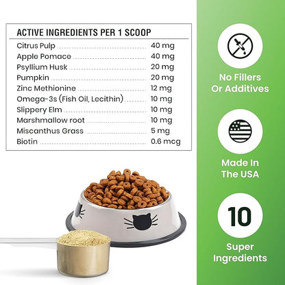 Hairball Support for Cats - 10 Super Ingredients for Hairball Relief, Digestive Support & Healthy Skin - No Fillers - Psyllium, Pumpkin, Omega-3s & More - 240 Scoops