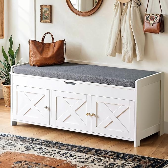 Amada Shoe Storage Bench, Entryway Bench with Cushioned Seat & Lift Top Storage, 3 Doors, Adjustable Shelf, 300 lbs Capacity, Bench with Shoe Rack for Entryway, Bedroom, Living Room, White